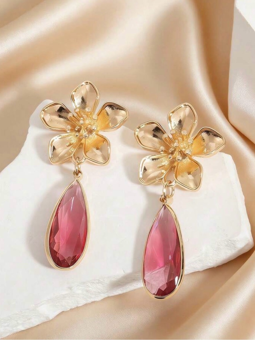 Gold Floral Drop Earrings with Pink Teardrop Crystal